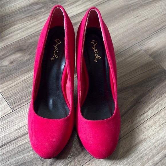 Qupid Shoes - Qupid Red Heels Elegant Suede Design